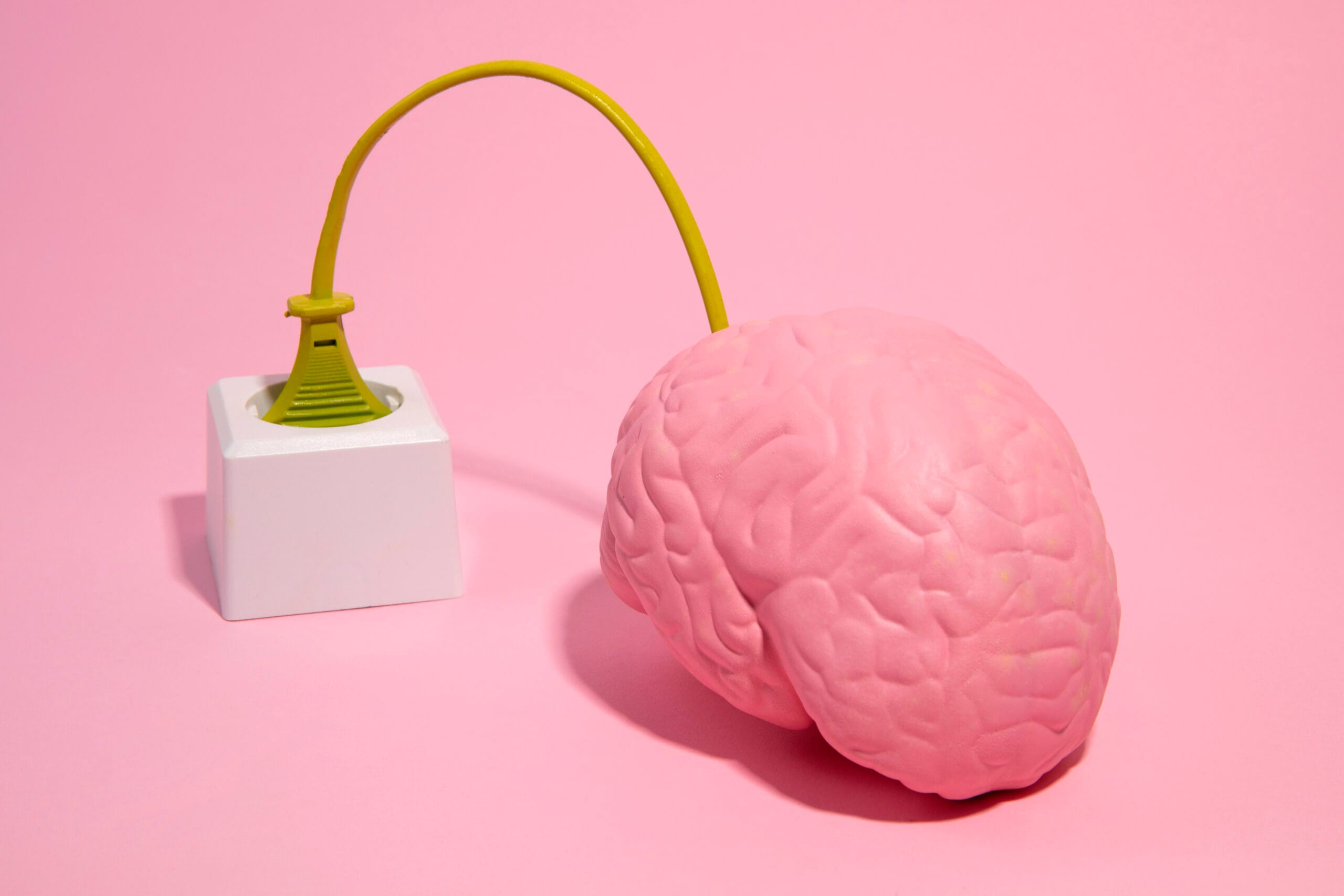 Pink brain connected to gold Eiffel-tower plug.