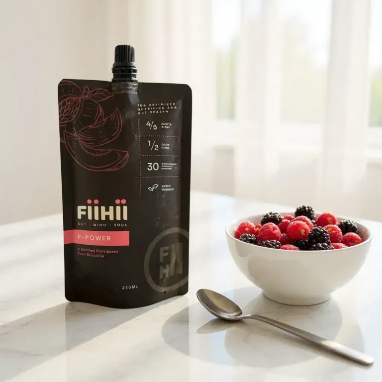 Fruit smoothie pouch with berry bowl and spoon.