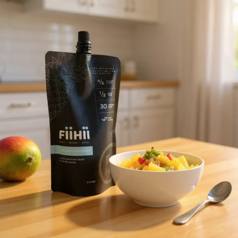 Fiihii smoothie and fruit bowl on kitchen counter.