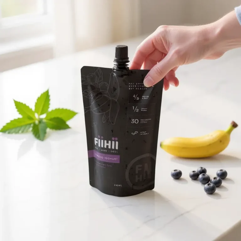 Hand holding pouch with banana and blueberries nearby