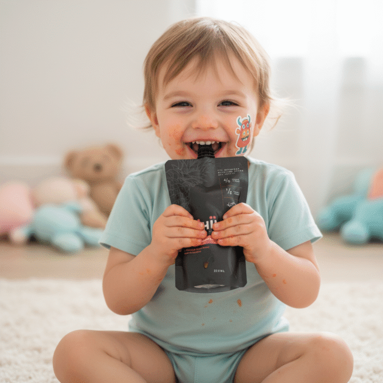 Smiling toddler eating food from a pouch