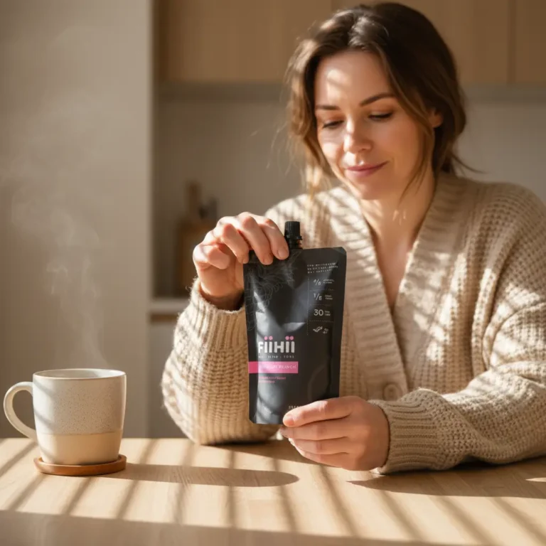 Woman enjoying coffee with FiiHii health drink