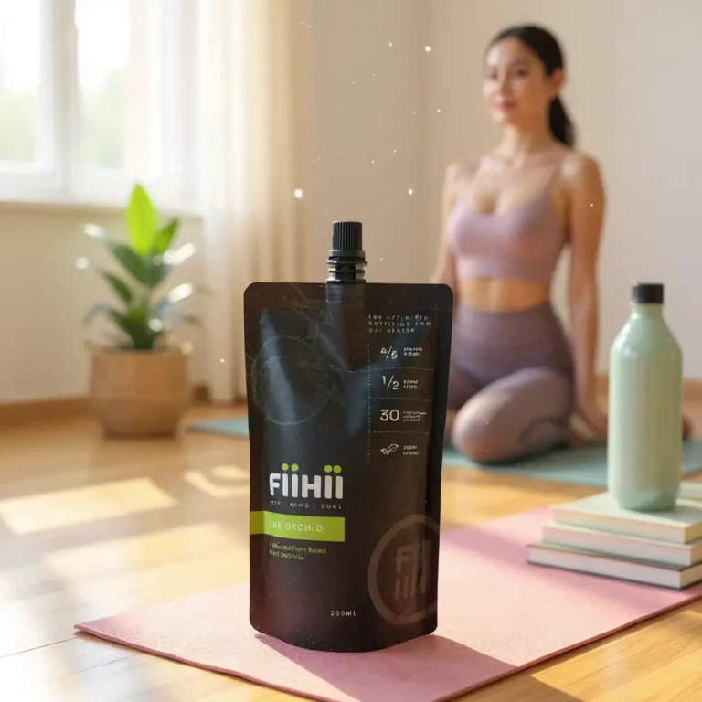 Woman meditating near plant-based drink pouch and bottle.