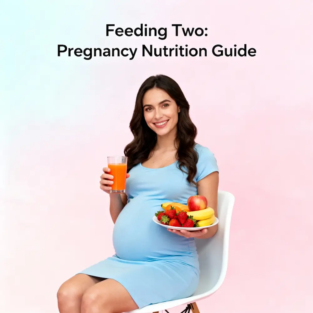 Pregnant woman with fruit, juice, and nutrition guide.