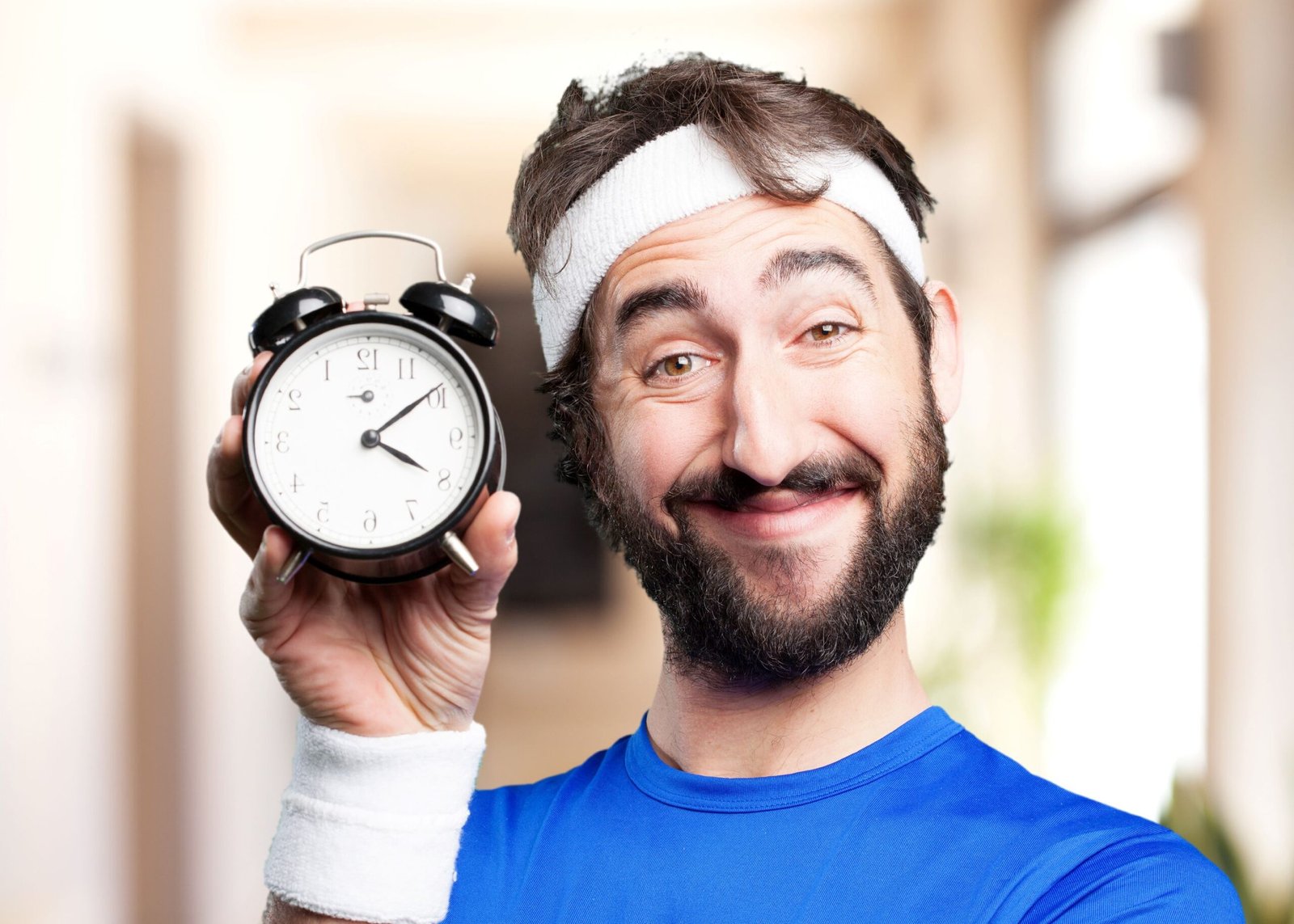 Smiling man holding an alarm clock indoors.