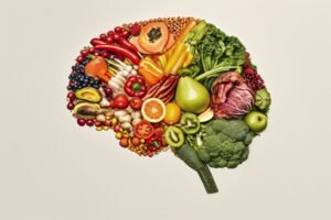 Brain-shaped arrangement of colorful fruits and vegetables.