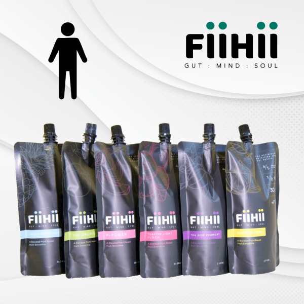 1 week explorer pack – (adult) 6 pouches (250ml) FiiHii fruit smoothie pouches on display